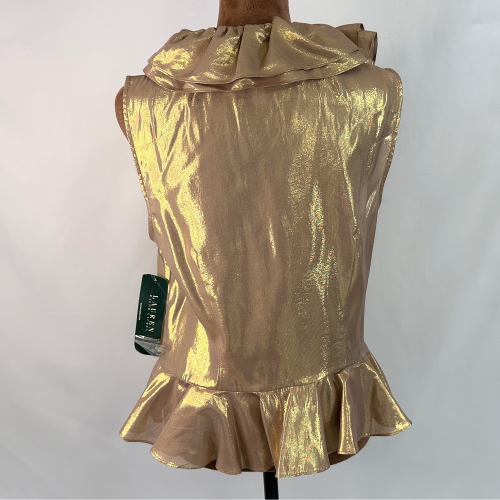 Lauren‎ Ralph Peplum Top Womens 10 Gold NWT Silk blend Metallic Ruffle Blouse - Picture 2 of 8